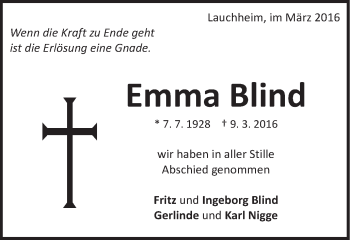 Traueranzeige von Emma Blind von Schwäbische Post