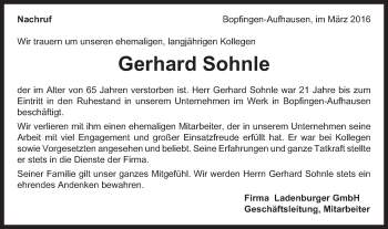 Traueranzeige von Gerhard Sohnle von Schwäbische Post