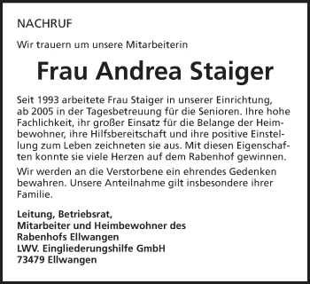 Traueranzeige von Andrea Staiger von Schwäbische Post
