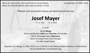 Traueranzeige von Josef Mayer von Schwäbische Post