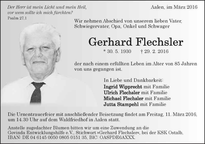  Traueranzeige für Gerhard Flechsler vom 08.03.2016 aus Schwäbische Post