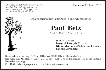 Traueranzeige von Paul Betz von Gmünder Tagespost
