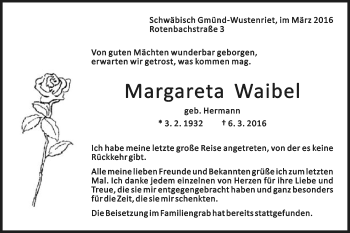 Traueranzeige von Margareta Waibel von Gmünder Tagespost