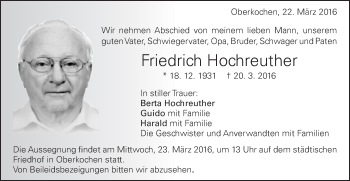Traueranzeige von Friedrich Hochreuther von Schwäbische Post