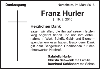 Traueranzeige von Franz Hurler von Amtsblatt_Oko