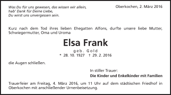 Traueranzeige von Elsa Frank von Schwäbische Post