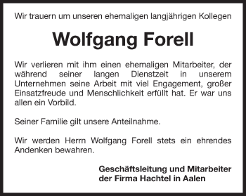 Traueranzeige von Wolfgang Forell von Schwäbische Post