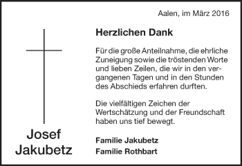 Traueranzeige von Josef Jakubetz von Schwäbische Post