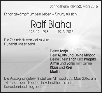 Traueranzeige von Ralf Blaha von Schwäbische Post