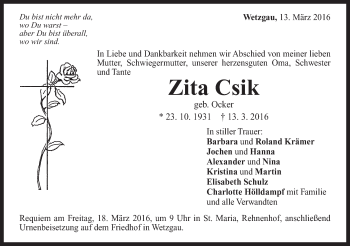 Traueranzeige von Zita Csik von Gmünder Tagespost