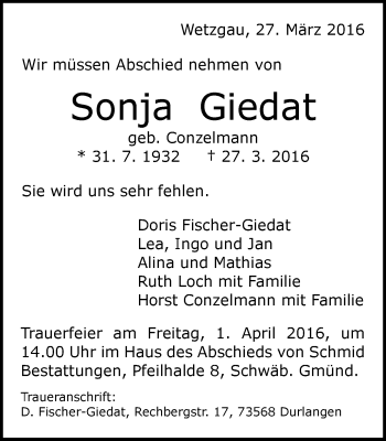 Traueranzeige von Sonja Giedat von Gmünder Tagespost