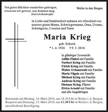 Traueranzeige von Maria Krieg von Gmünder Tagespost