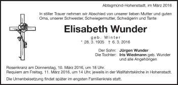 Traueranzeige von Elisabeth Wunder von Schwäbische Post