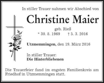 Traueranzeige von Christine Maier von Schwäbische Post