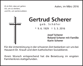 Traueranzeige von Gertrud Scherer von Schwäbische Post
