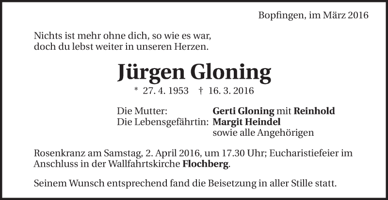  Traueranzeige für Jürgen Gloning vom 22.03.2016 aus Schwäbische Post