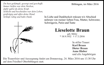 Traueranzeige von Lieselotte Braun von Gmünder Tagespost