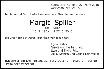 Traueranzeige von Margit Spiller von Gmünder Tagespost