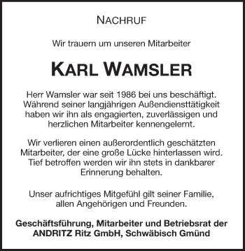 Traueranzeige von Karl Wamsler von Gmünder Tagespost