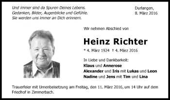 Traueranzeige von Heinz Richter von Gmünder Tagespost