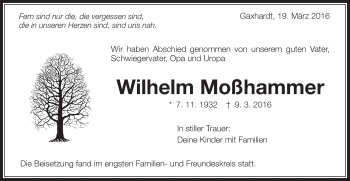 Traueranzeige von Wilhelm Moßhammer von Schwäbische Post