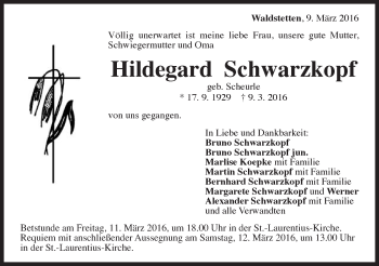 Traueranzeige von Hildegard Schwarzkopf von Gmünder Tagespost