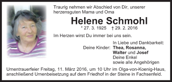 Traueranzeige von Helene Schmohl von Schwäbische Post