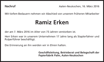 Traueranzeige von Ramiz Erken von Schwäbische Post