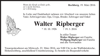 Traueranzeige von Walter Ripberger von Gmünder Tagespost