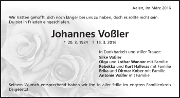 Traueranzeige von Johannes Voßler von Schwäbische Post