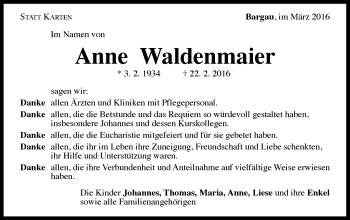 Traueranzeige von Anne Waldenmaier von Gmünder Tagespost
