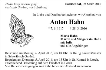 Traueranzeige von Anton Hahn von Gmünder Tagespost
