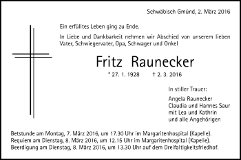 Traueranzeige von Fritz Raunecker von Gmünder Tagespost