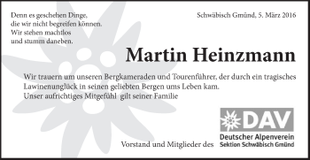 Traueranzeige von Martin Heinzmann-Vohrer von Gmünder Tagespost