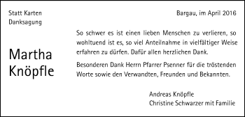 Traueranzeige von Martha Knöpfle von Gmünder Tagespost