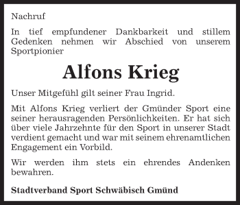 Traueranzeige von Alfons Krieg von Gmünder Tagespost
