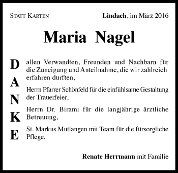 Traueranzeige von Maria Nagel von Gmünder Tagespost