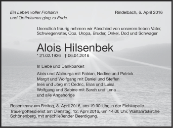 Traueranzeige von Alois Hilsenbek von Schwäbische Post