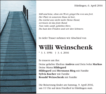 Traueranzeige von Willi Weinschenk von Schwäbische Post
