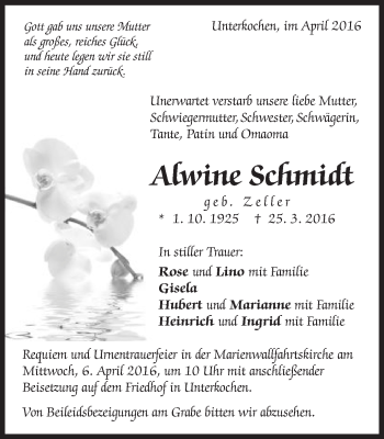 Traueranzeige von Alwine Schmidt von Schwäbische Post