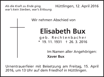 Traueranzeige von Elisabeth Bux von Schwäbische Post