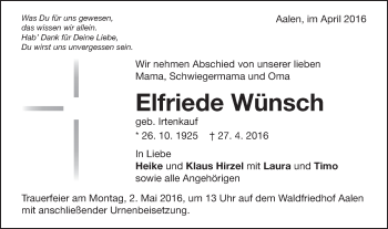 Traueranzeige von Elfriede Wünsch von Schwäbische Post