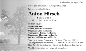 Traueranzeige von Anton Hirsch von Schwäbische Post