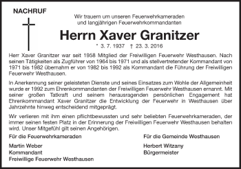 Traueranzeige von Xaver Granitzer von Schwäbische Post