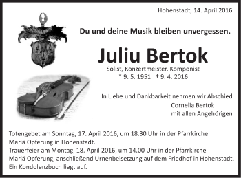 Traueranzeige von Juliu Bertok von Schwäbische Post