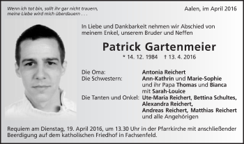 Traueranzeige von Patrick Gartenmeier von Schwäbische Post