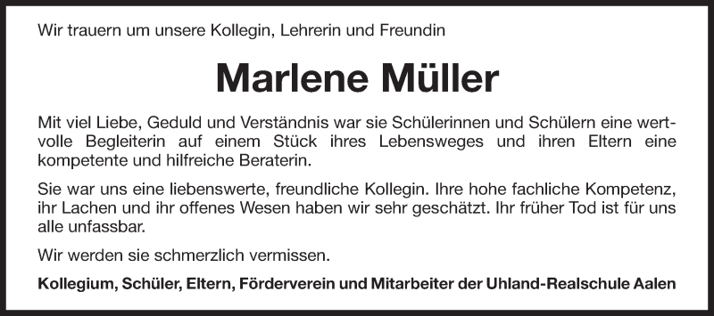  Traueranzeige für Marlene Müller vom 28.04.2016 aus Schwäbische Post