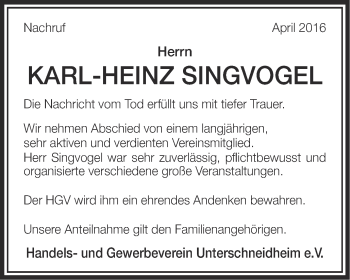 Traueranzeige von Karl-Heinz Singvogel von Schwäbische Post