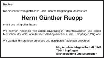 Traueranzeige von Günther Ruopp von Schwäbische Post