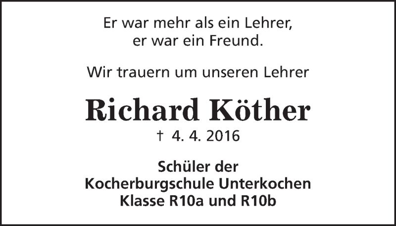  Traueranzeige für Richard Köther vom 09.04.2016 aus Schwäbische Post